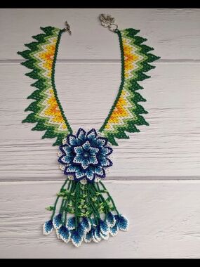 Handmade Green, Blue & Yellow Beaded Floral Fringe Necklace